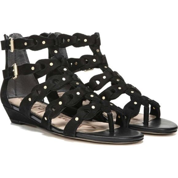 NEW Sam Edelman Draper Cage Sandal Wedge Black Suede‎ Womens Size 6 - Picture 1 of 6